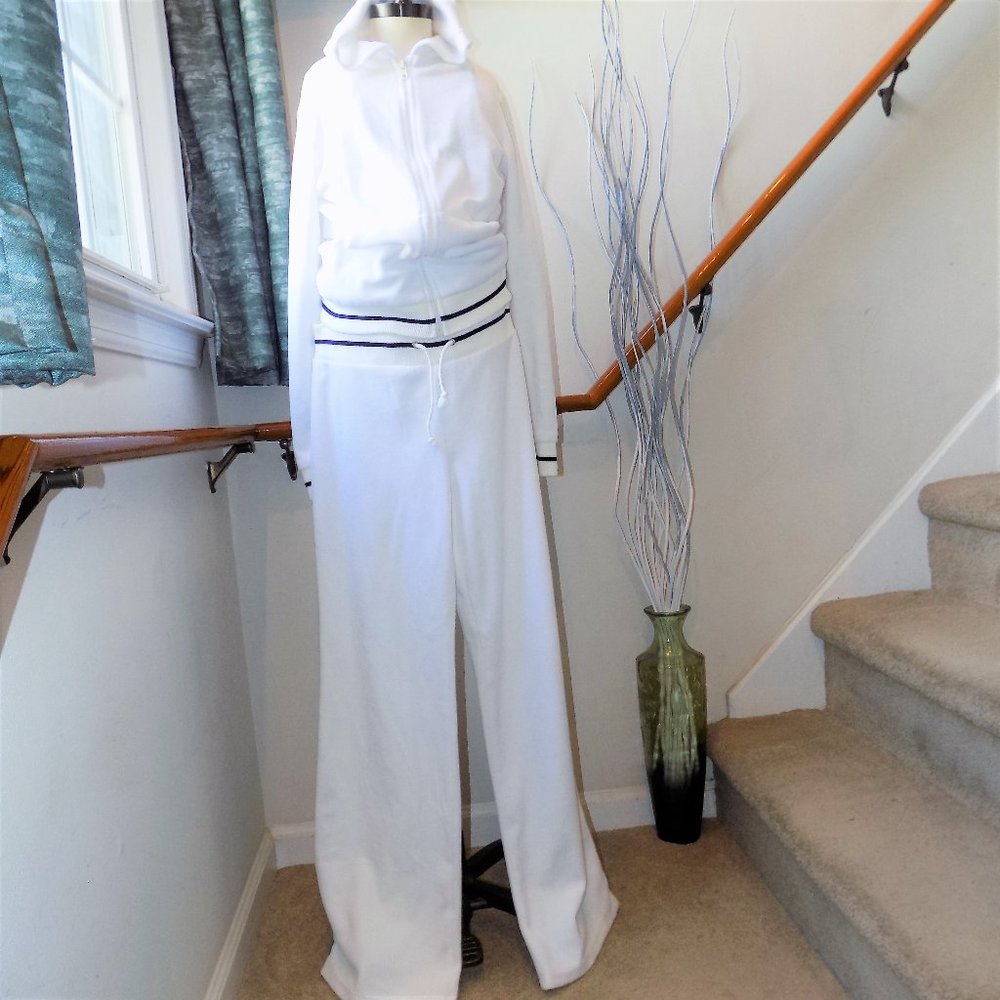 LVLX White Velour Track Suit Black Stripe Jacket Size Large Pants Size Medium